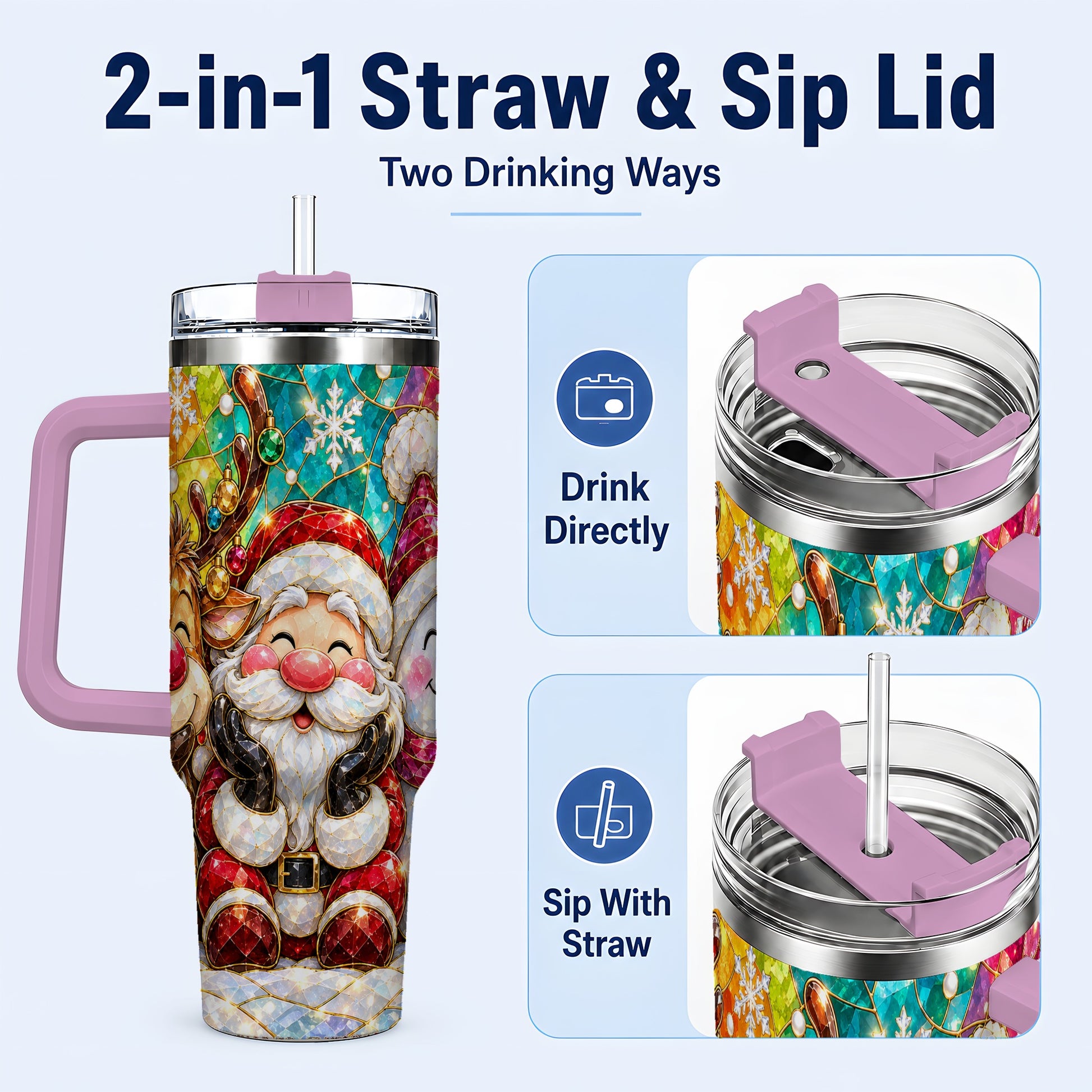 #pl[40oz|Pink] Stained Glass Christmas 40oz Tumbler with Handle, Holiday Steel Cup