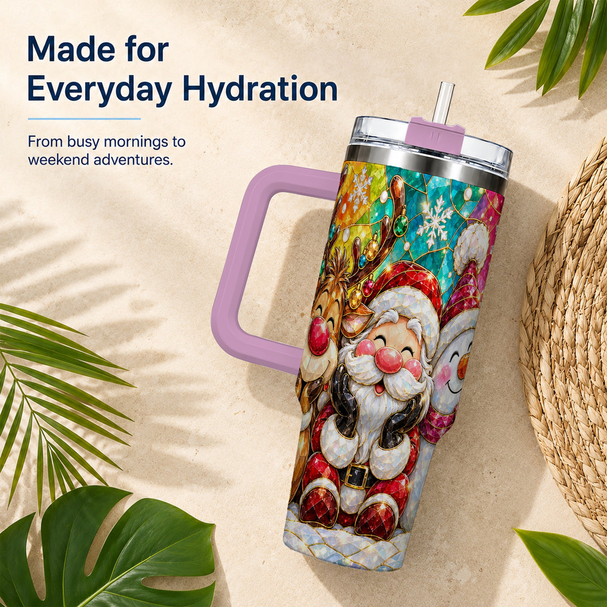 #pl[40oz|Pink] Stained Glass Christmas 40oz Tumbler with Handle, Holiday Steel Cup