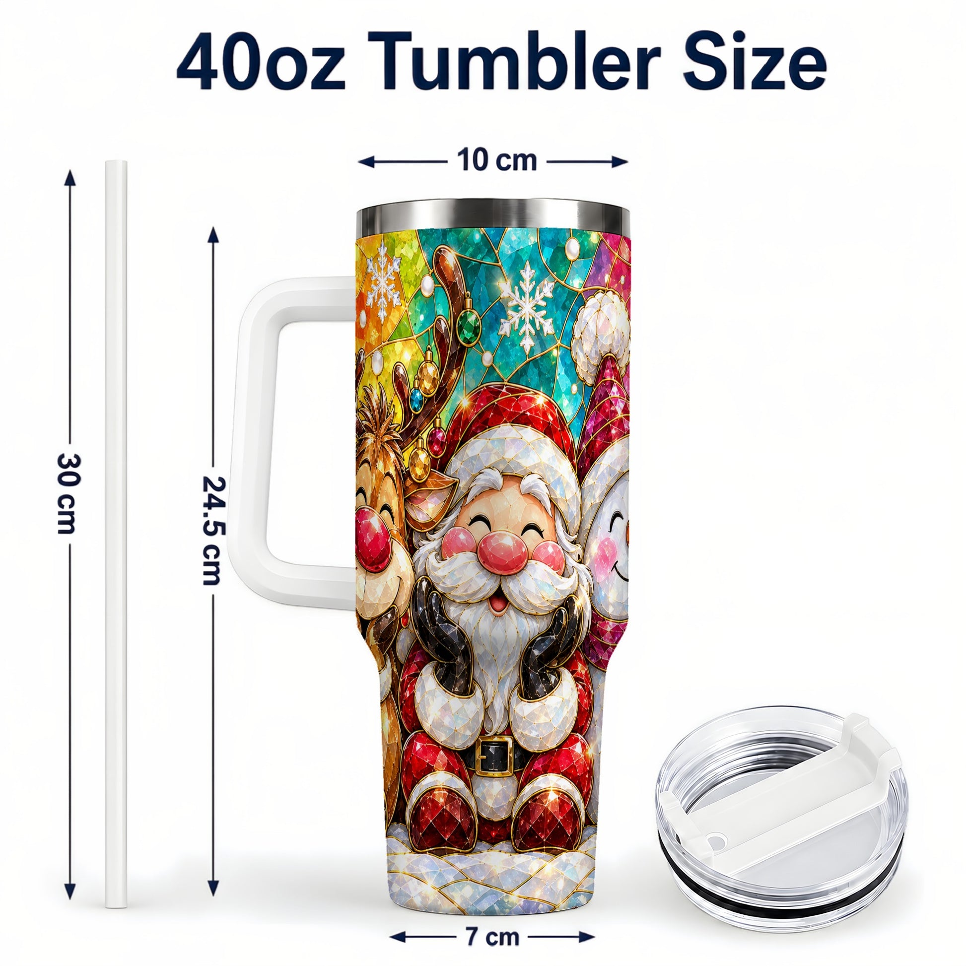 #pl[40oz|White] Stained Glass Christmas 40oz Tumbler with Handle, Holiday Steel Cup