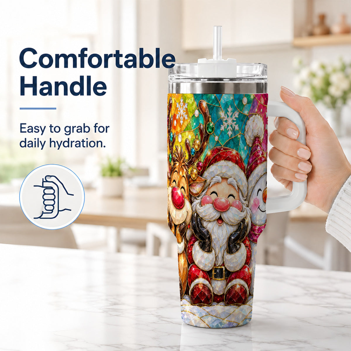 #pl[40oz|White] Stained Glass Christmas 40oz Tumbler with Handle, Holiday Steel Cup