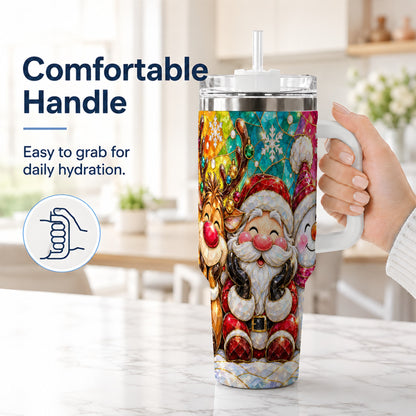 #pl[40oz|White] Stained Glass Christmas 40oz Tumbler with Handle, Holiday Steel Cup