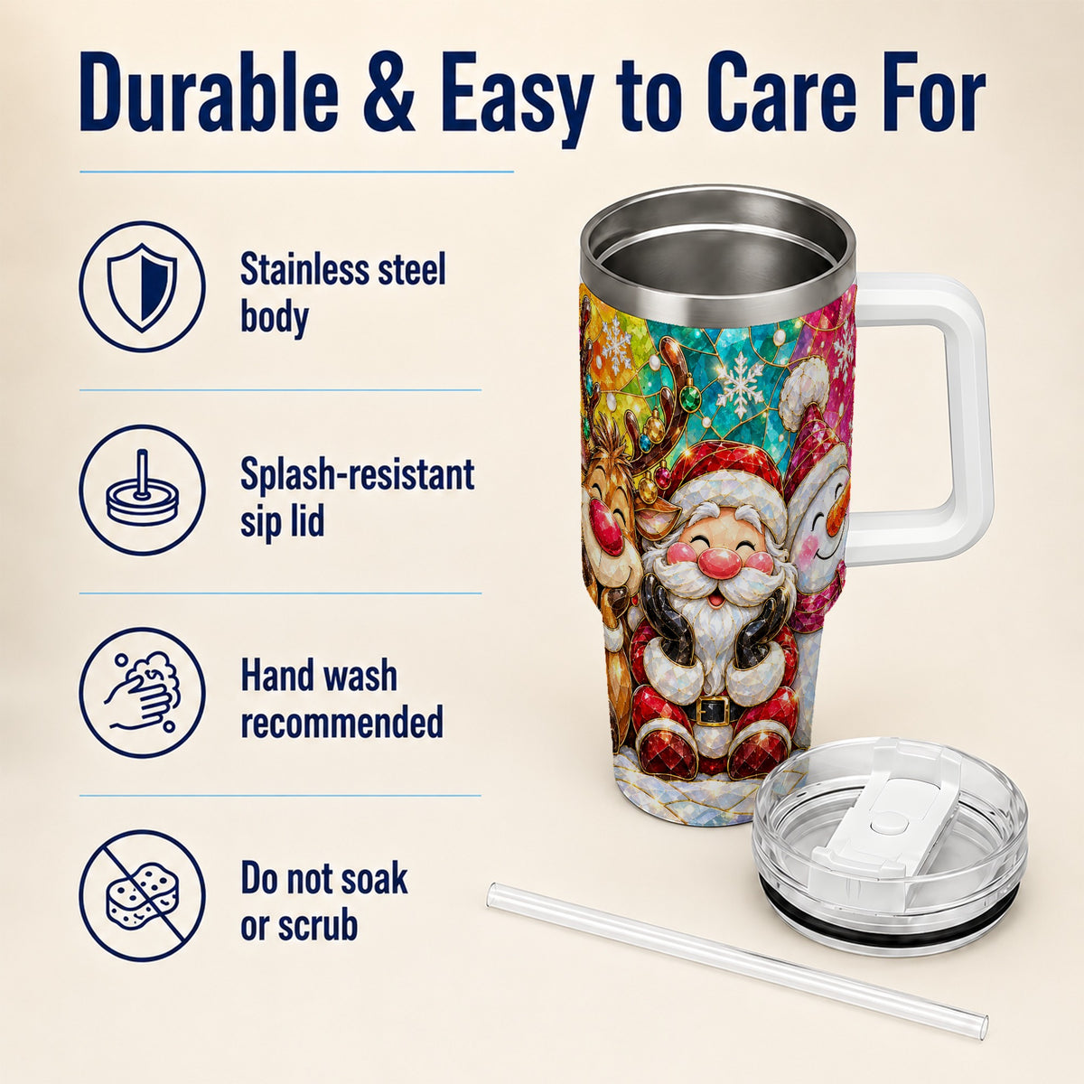 #pl[40oz|White] Stained Glass Christmas 40oz Tumbler with Handle, Holiday Steel Cup