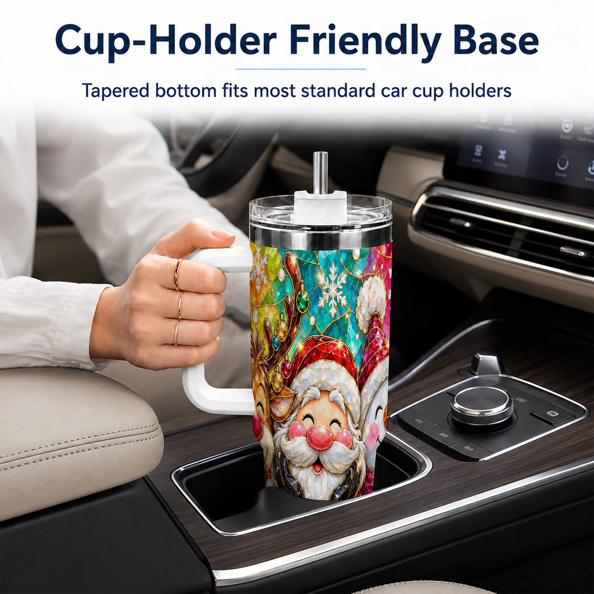 #pl[40oz|White] Stained Glass Christmas 40oz Tumbler with Handle, Holiday Steel Cup