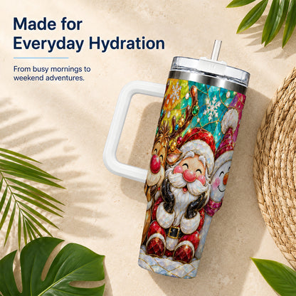 #pl[40oz|White] Stained Glass Christmas 40oz Tumbler with Handle, Holiday Steel Cup