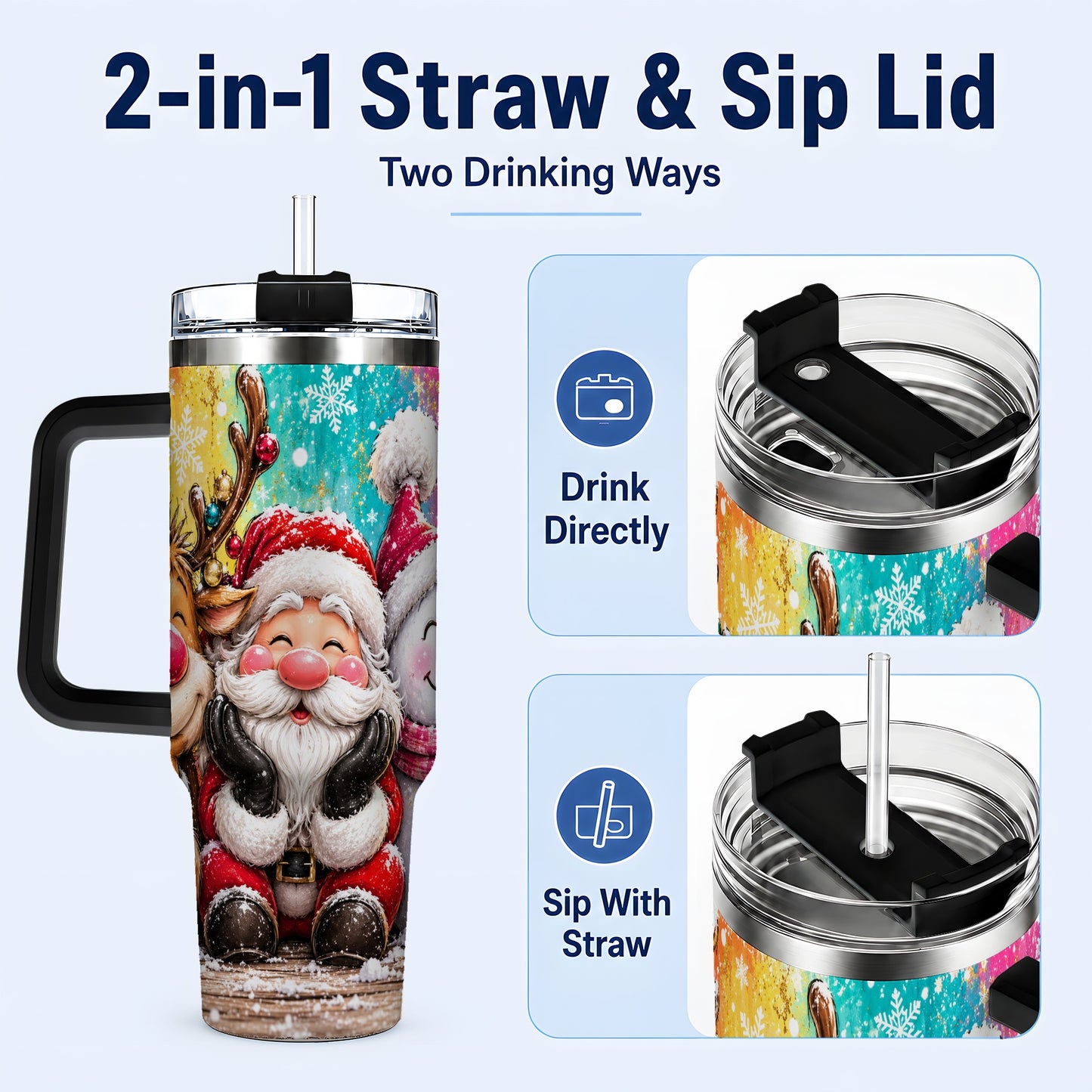 #pl[40oz|Black] Colorful Christmas 40oz Tumbler with Handle, Holiday Stainless Steel Cup