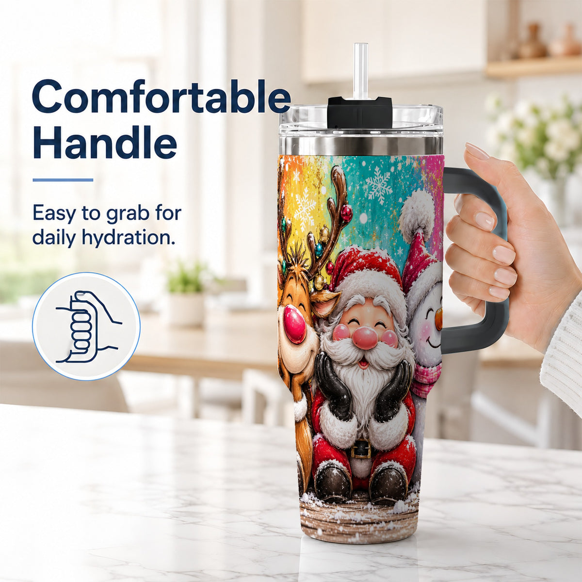 #pl[40oz|Black] Colorful Christmas 40oz Tumbler with Handle, Holiday Stainless Steel Cup
