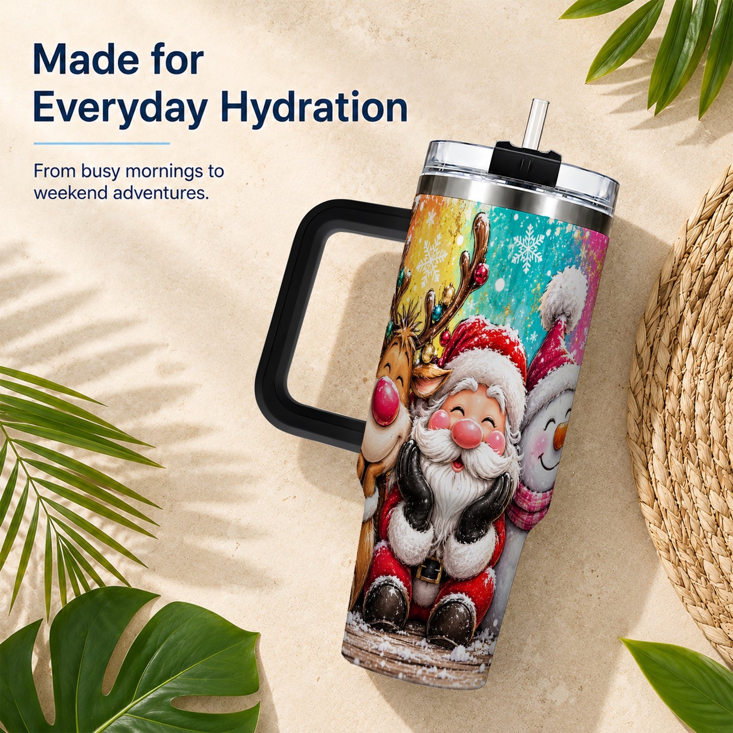 #pl[40oz|Black] Colorful Christmas 40oz Tumbler with Handle, Holiday Stainless Steel Cup