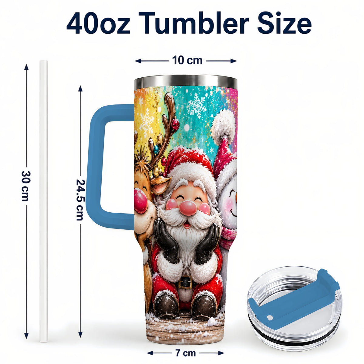#pl[40oz|Blue] Colorful Christmas 40oz Tumbler with Handle, Holiday Stainless Steel Cup