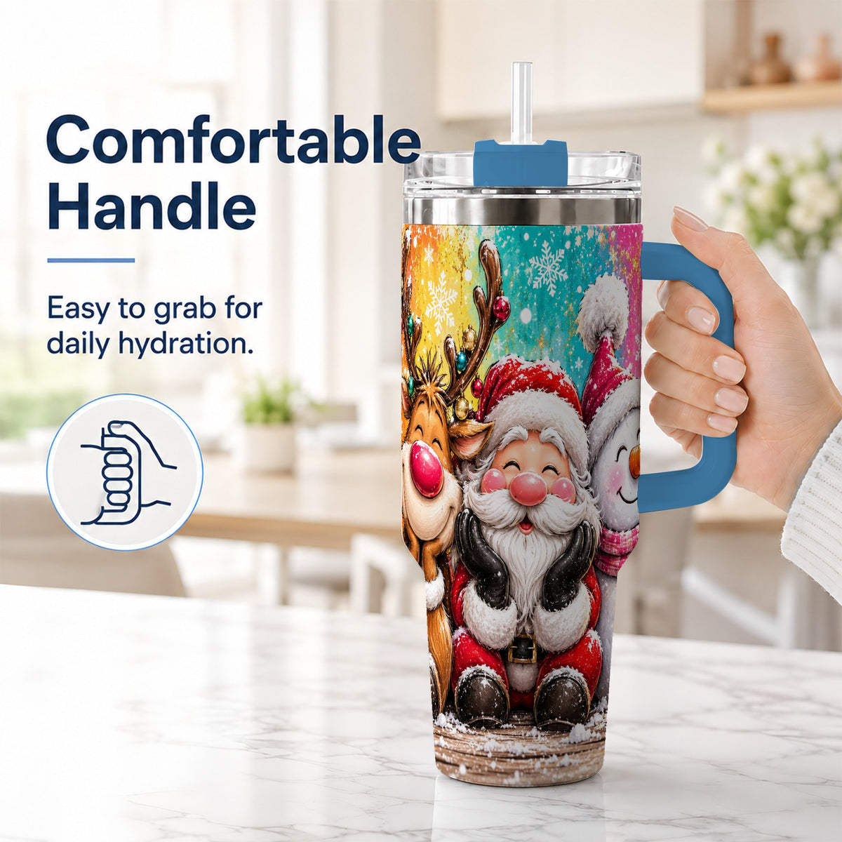#pl[40oz|Blue] Colorful Christmas 40oz Tumbler with Handle, Holiday Stainless Steel Cup