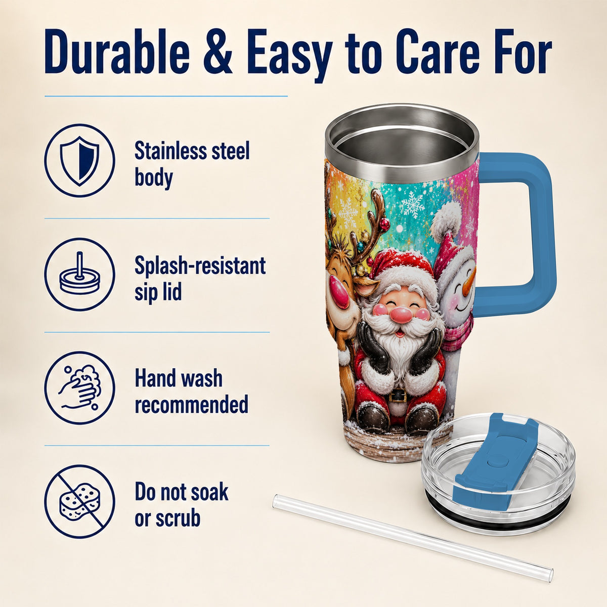 #pl[40oz|Blue] Colorful Christmas 40oz Tumbler with Handle, Holiday Stainless Steel Cup