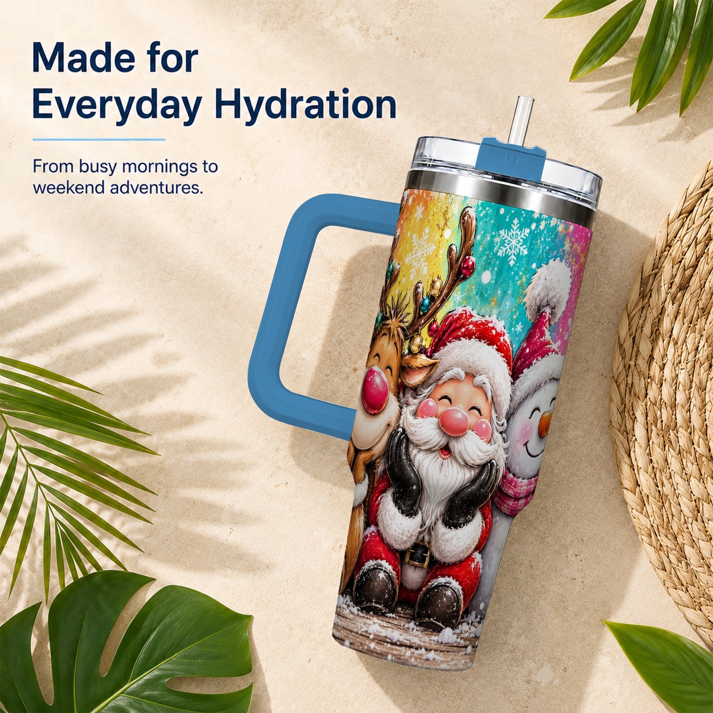 #pl[40oz|Blue] Colorful Christmas 40oz Tumbler with Handle, Holiday Stainless Steel Cup