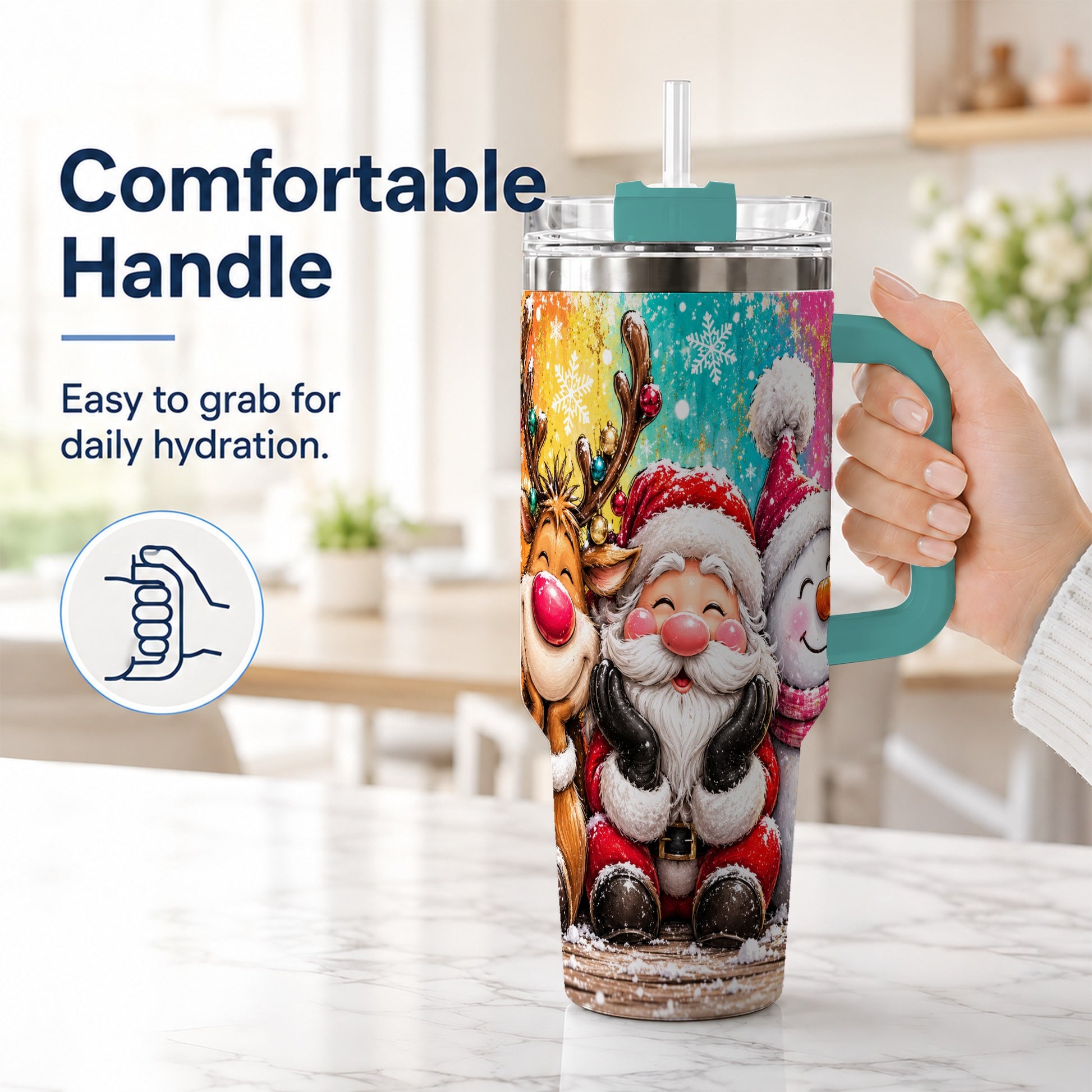 #pl[40oz|Green] Colorful Christmas 40oz Tumbler with Handle, Holiday Stainless Steel Cup