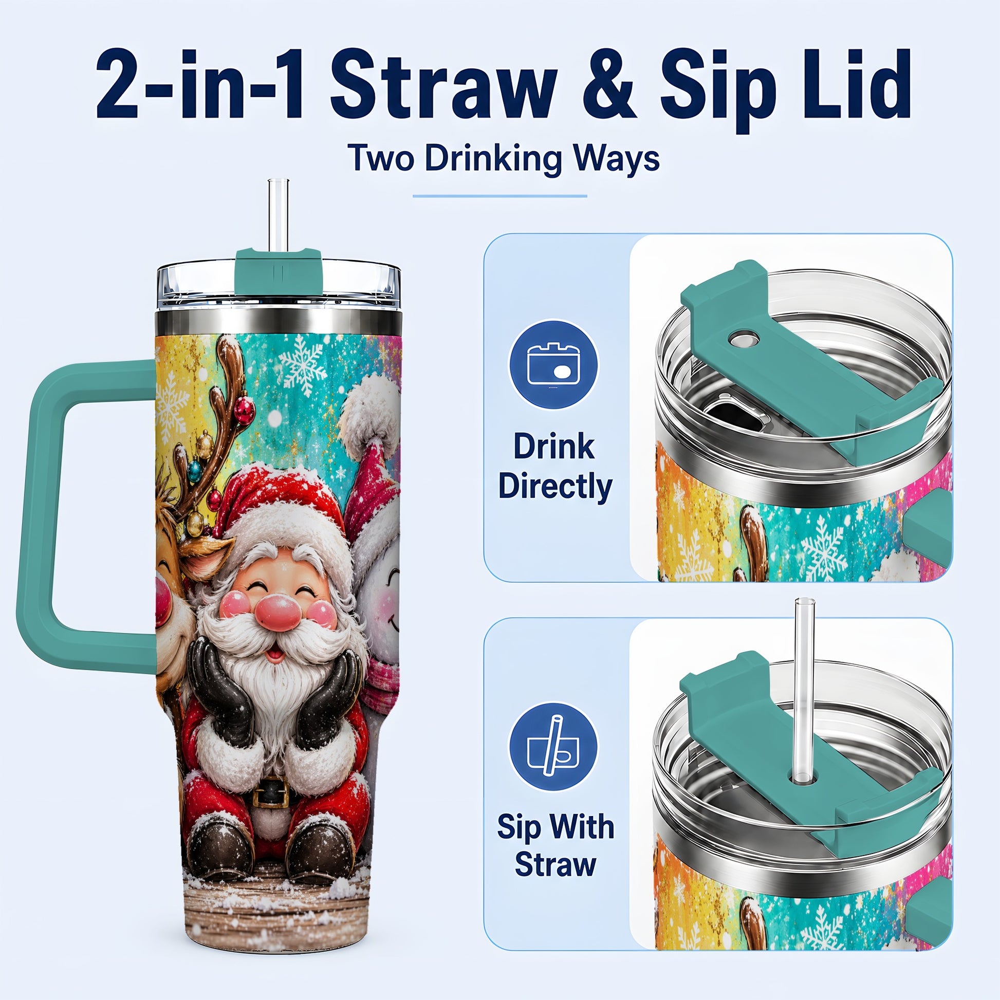 #pl[40oz|Green] Colorful Christmas 40oz Tumbler with Handle, Holiday Stainless Steel Cup