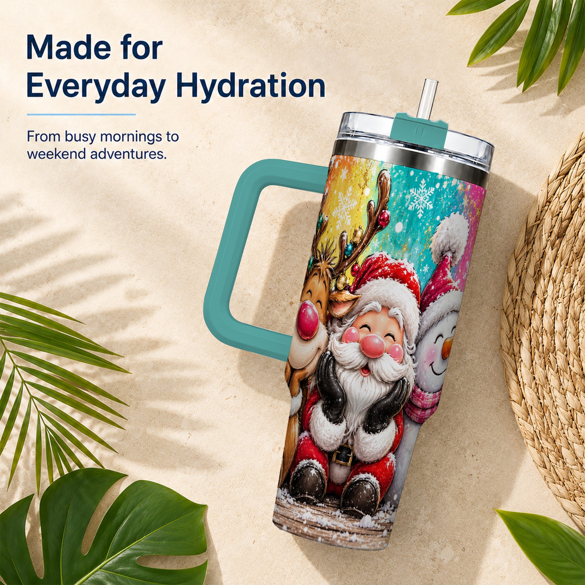 #pl[40oz|Green] Colorful Christmas 40oz Tumbler with Handle, Holiday Stainless Steel Cup