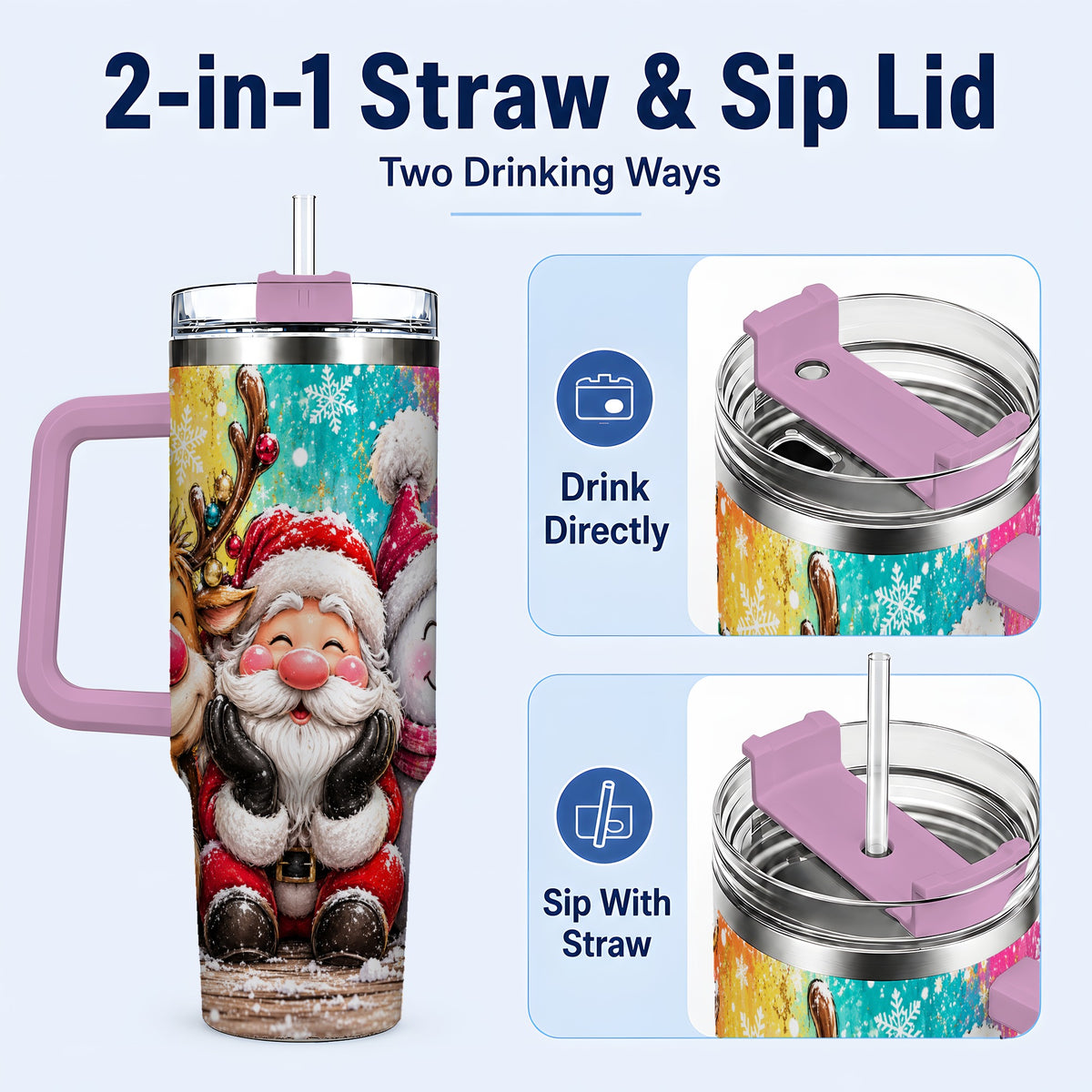 #pl[40oz|Pink] Colorful Christmas 40oz Tumbler with Handle, Holiday Stainless Steel Cup