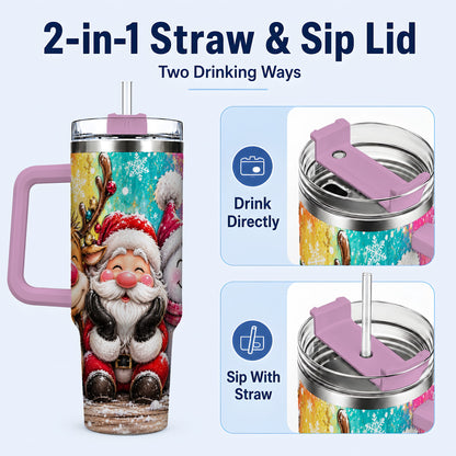 #pl[40oz|Pink] Colorful Christmas 40oz Tumbler with Handle, Holiday Stainless Steel Cup