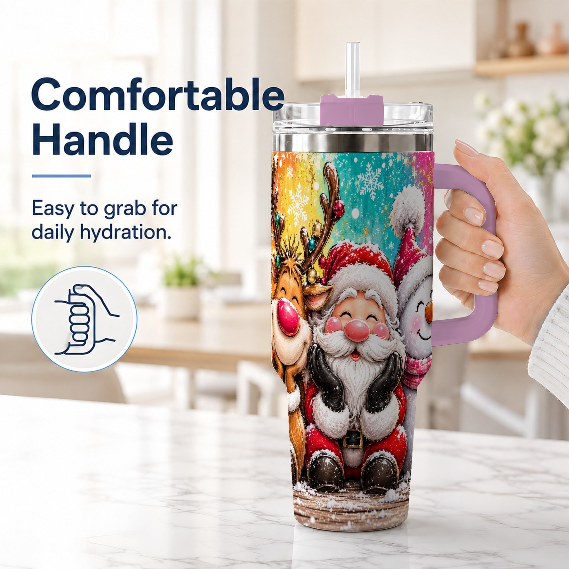 #pl[40oz|Pink] Colorful Christmas 40oz Tumbler with Handle, Holiday Stainless Steel Cup