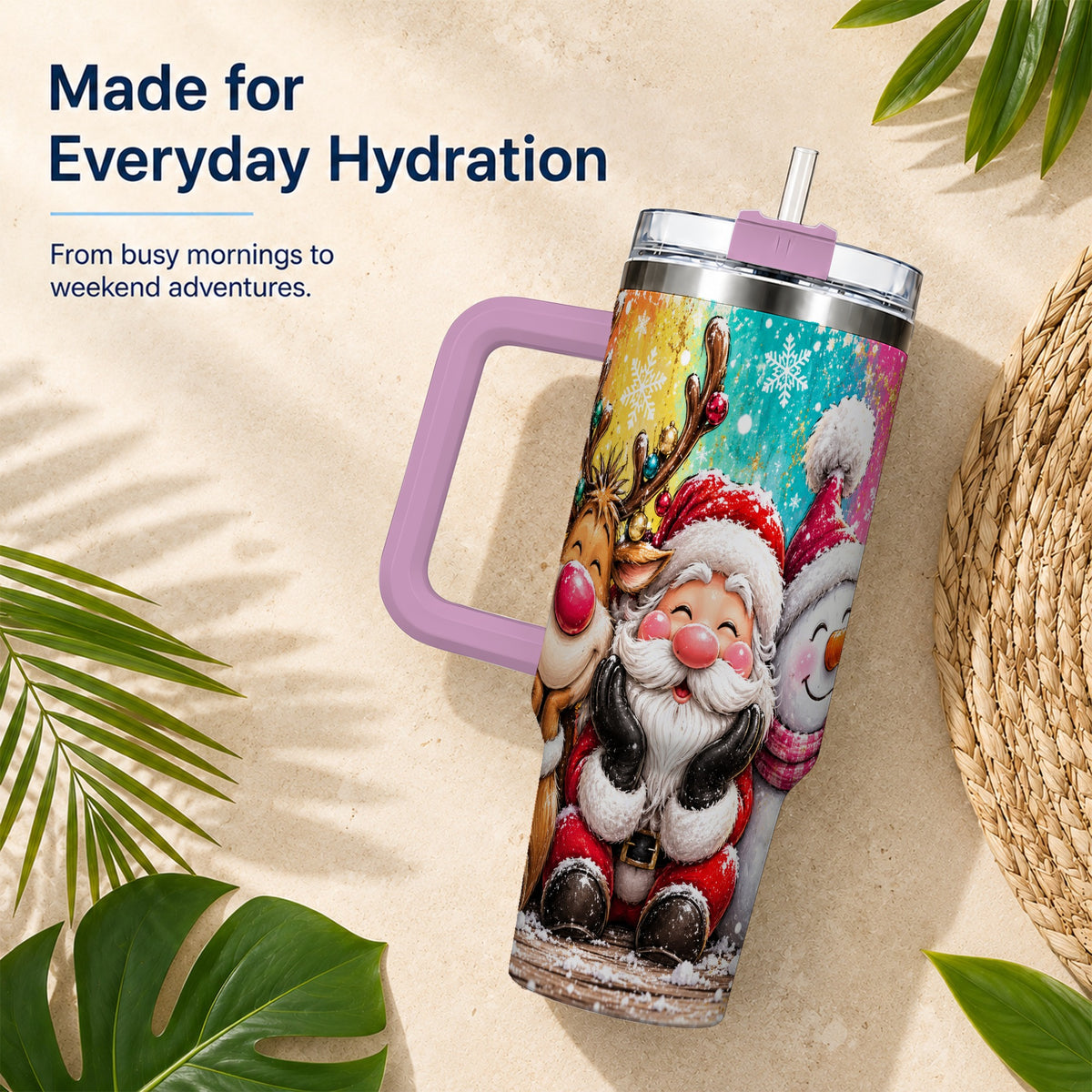 #pl[40oz|Pink] Colorful Christmas 40oz Tumbler with Handle, Holiday Stainless Steel Cup