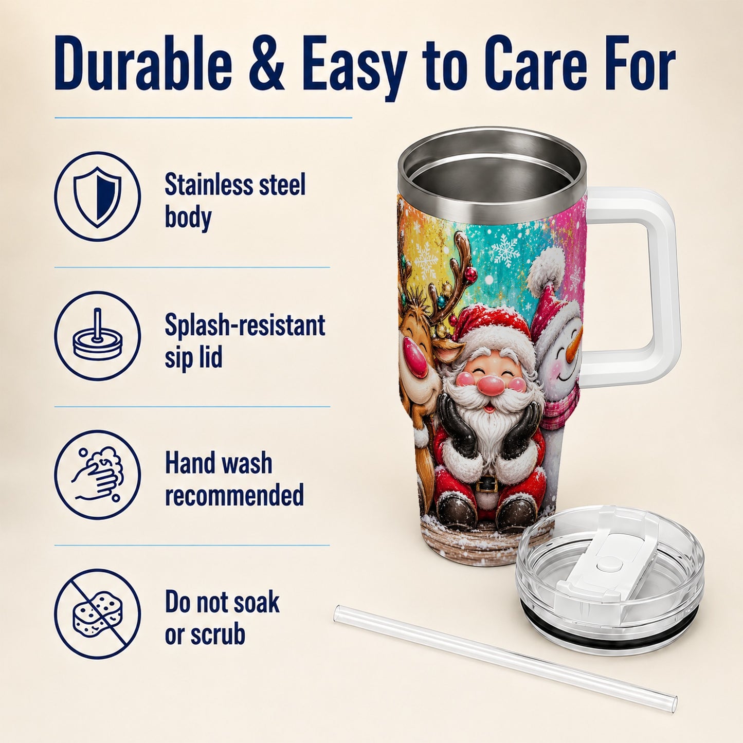 #pl[40oz|White] Colorful Christmas 40oz Tumbler with Handle, Holiday Stainless Steel Cup