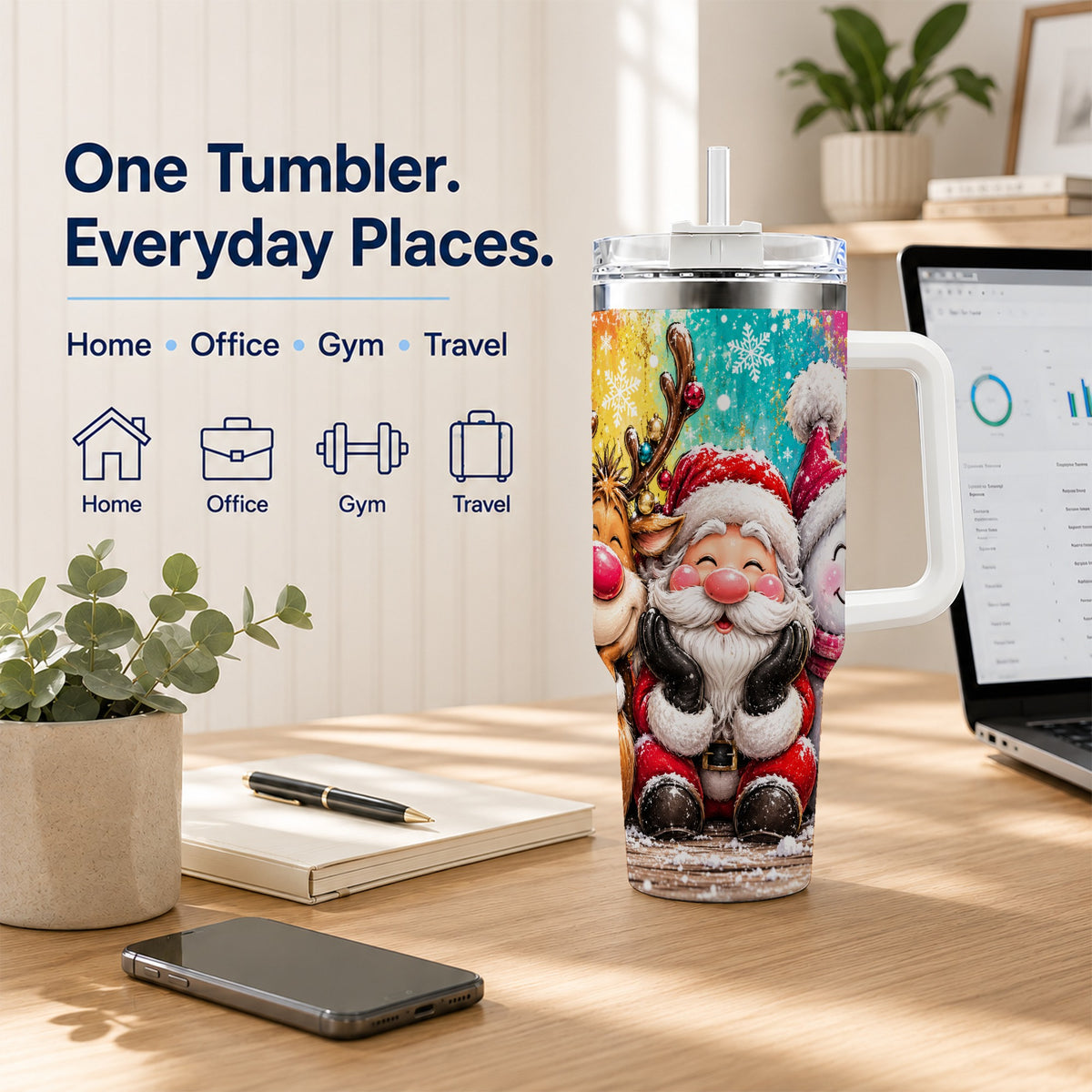 #pl[40oz|White] Colorful Christmas 40oz Tumbler with Handle, Holiday Stainless Steel Cup