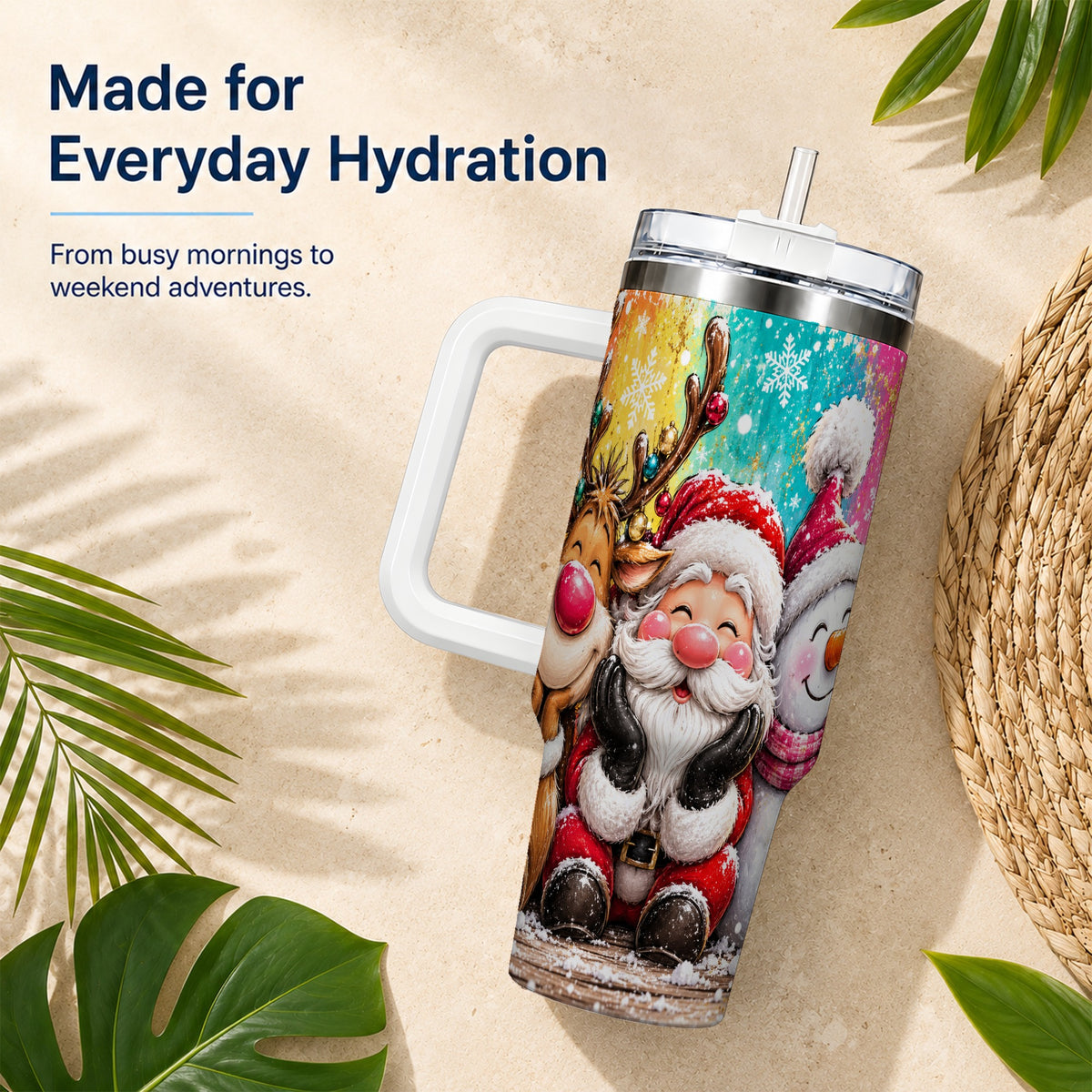 #pl[40oz|White] Colorful Christmas 40oz Tumbler with Handle, Holiday Stainless Steel Cup