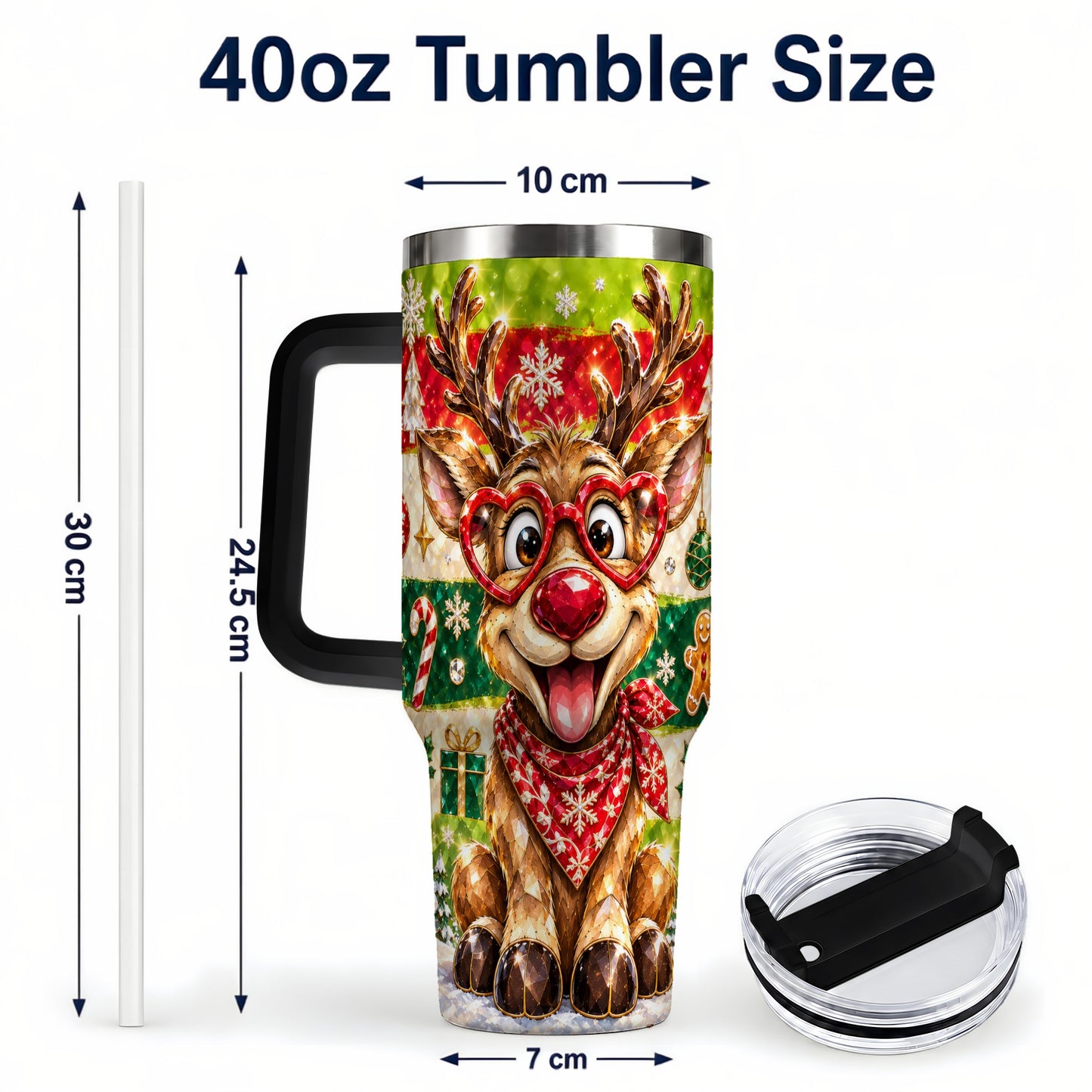#pl[40oz|Black] Funny Reindeer 40oz Tumbler with Handle, Christmas Stainless Steel Cup