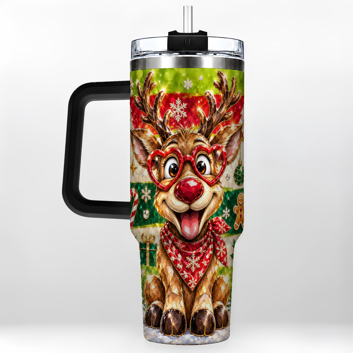 #pl[40oz|Black] Funny Reindeer 40oz Tumbler with Handle, Christmas Stainless Steel Cup