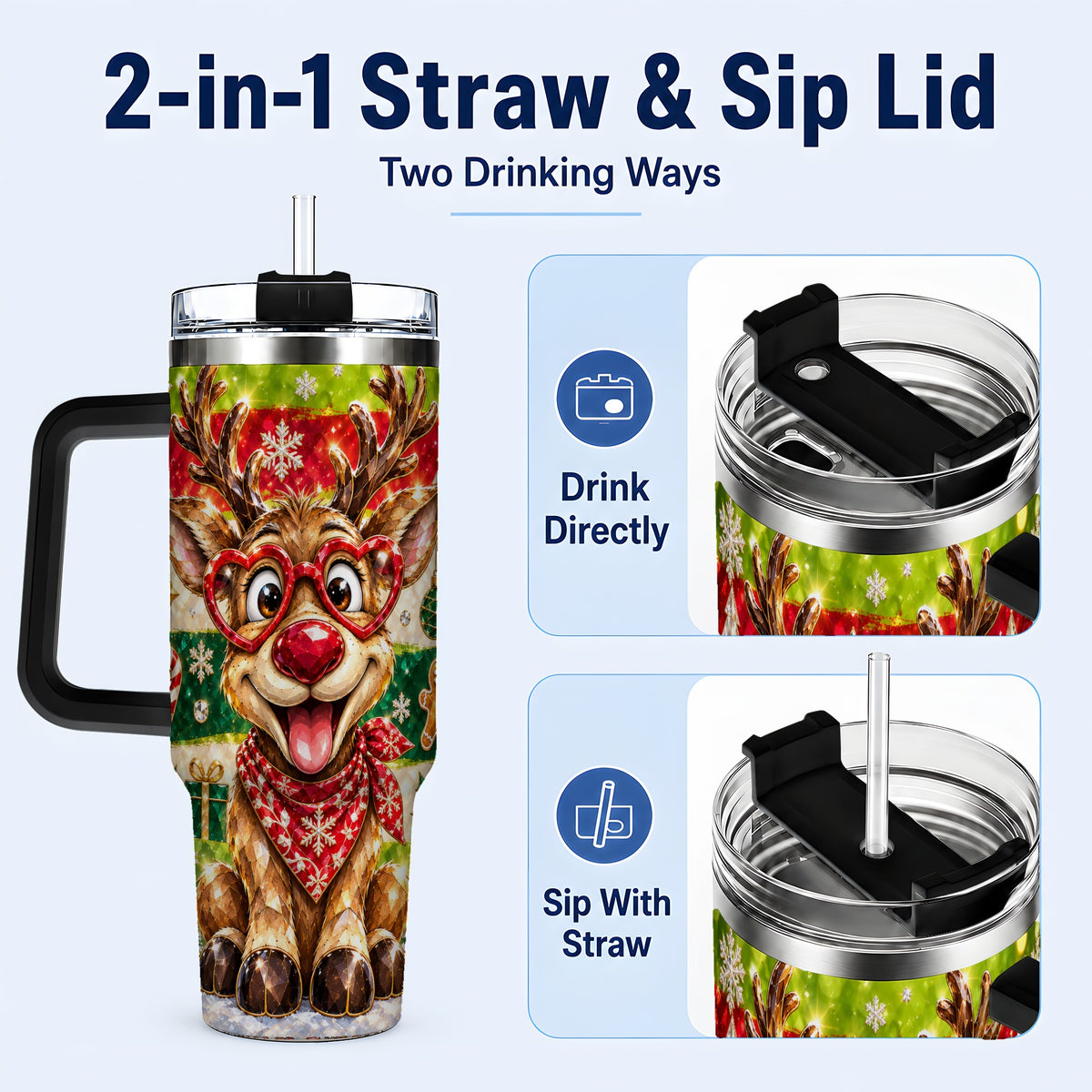 #pl[40oz|Black] Funny Reindeer 40oz Tumbler with Handle, Christmas Stainless Steel Cup
