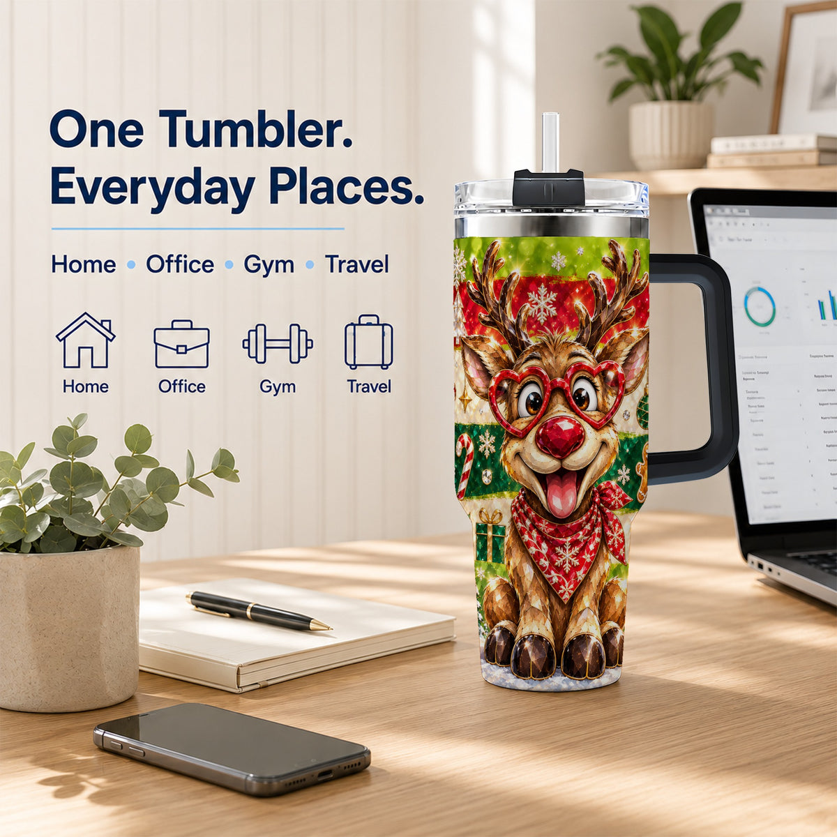 #pl[40oz|Black] Funny Reindeer 40oz Tumbler with Handle, Christmas Stainless Steel Cup