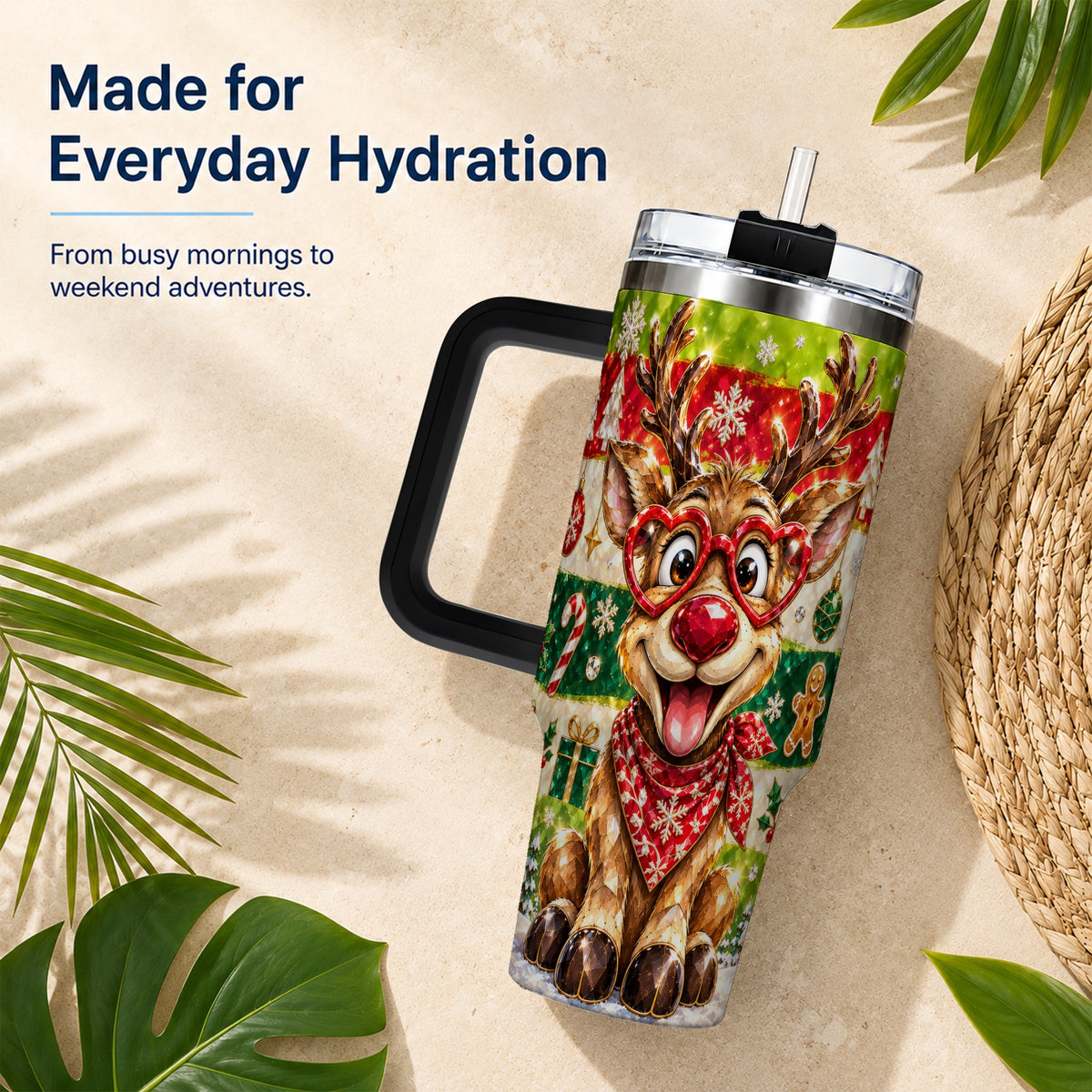 #pl[40oz|Black] Funny Reindeer 40oz Tumbler with Handle, Christmas Stainless Steel Cup