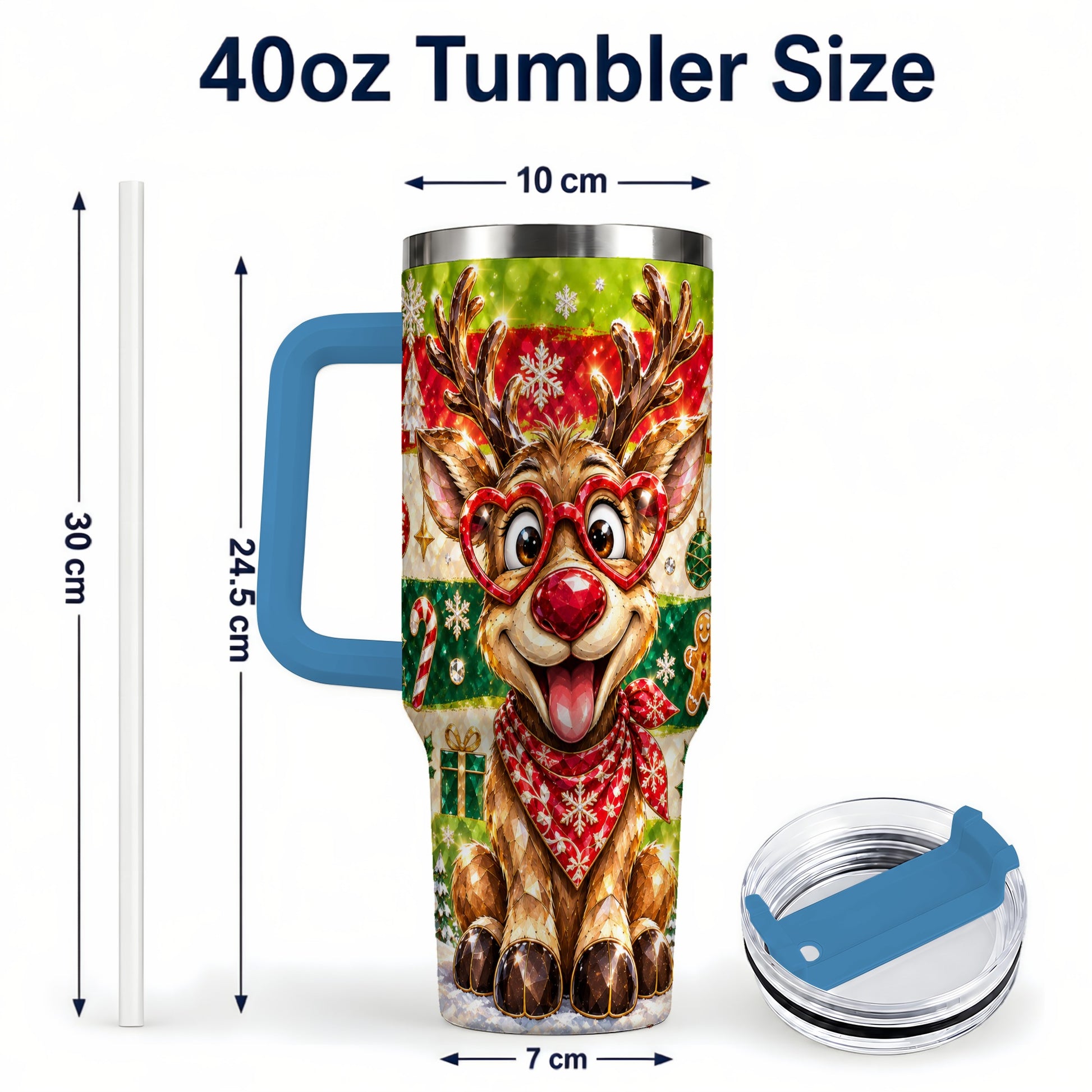 #pl[40oz|Blue] Funny Reindeer 40oz Tumbler with Handle, Christmas Stainless Steel Cup