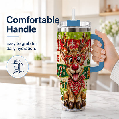 #pl[40oz|Blue] Funny Reindeer 40oz Tumbler with Handle, Christmas Stainless Steel Cup