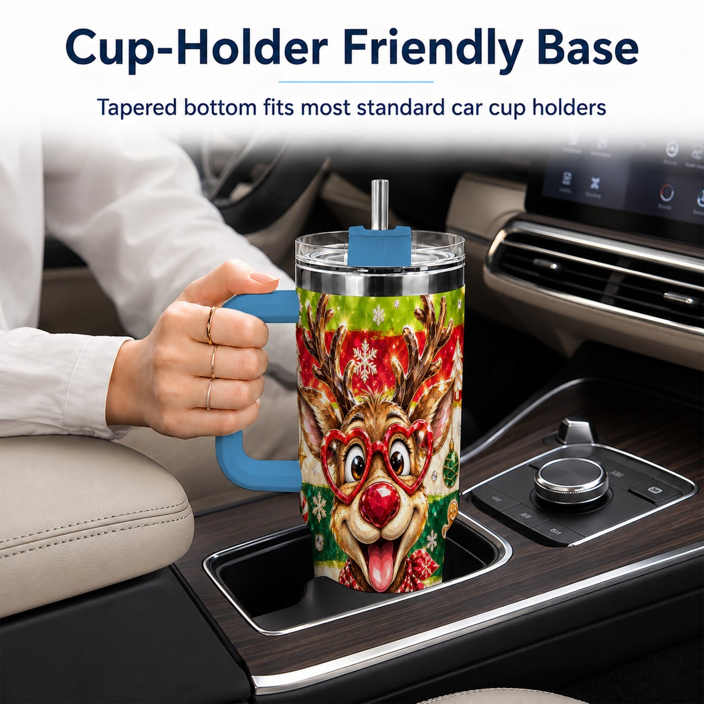 #pl[40oz|Blue] Funny Reindeer 40oz Tumbler with Handle, Christmas Stainless Steel Cup