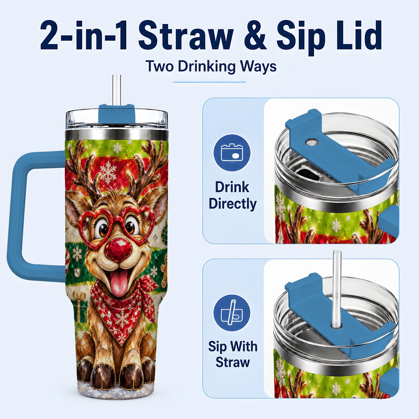 #pl[40oz|Blue] Funny Reindeer 40oz Tumbler with Handle, Christmas Stainless Steel Cup