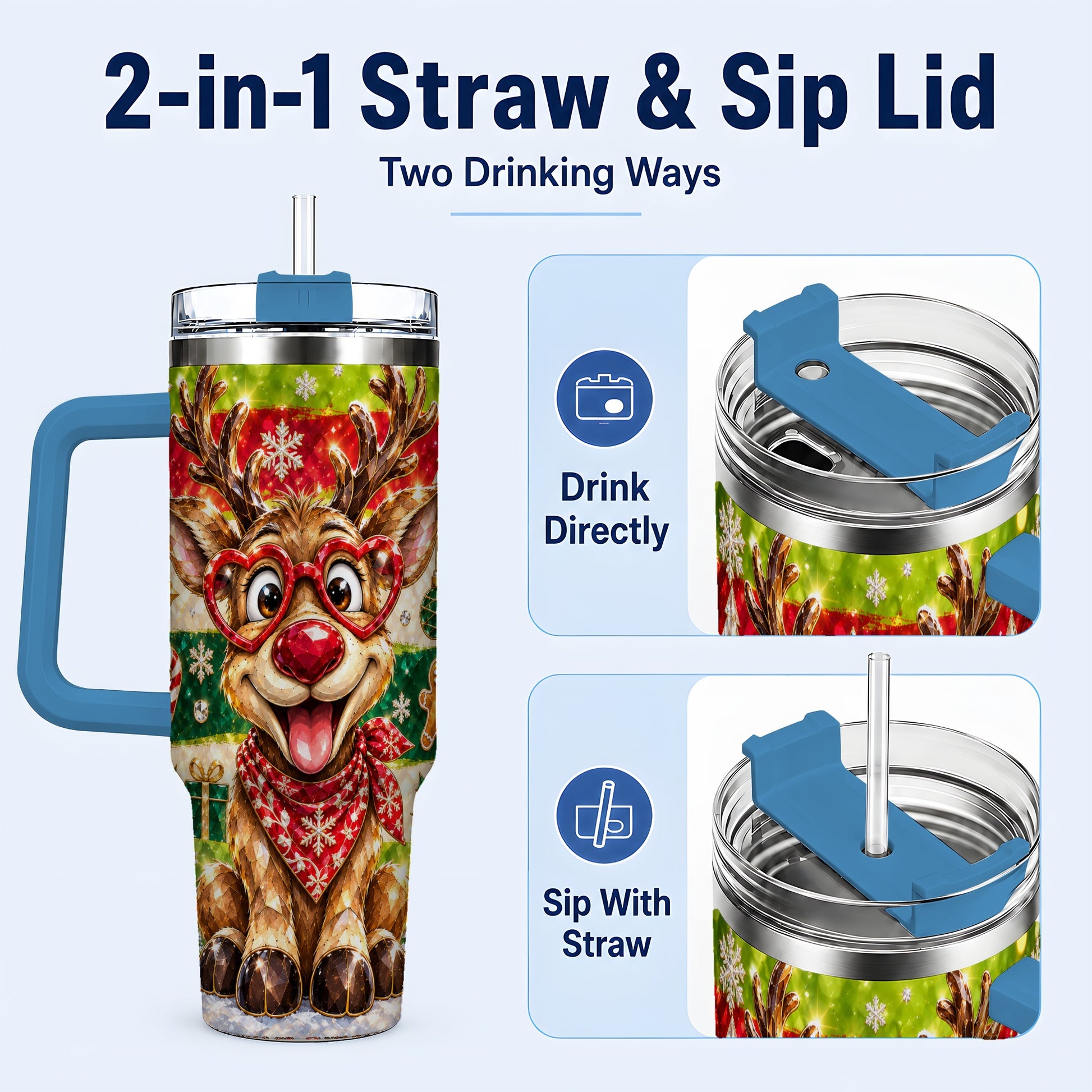 #pl[40oz|Blue] Funny Reindeer 40oz Tumbler with Handle, Christmas Stainless Steel Cup