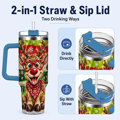 #pl[40oz|Blue] Funny Reindeer 40oz Tumbler with Handle, Christmas Stainless Steel Cup