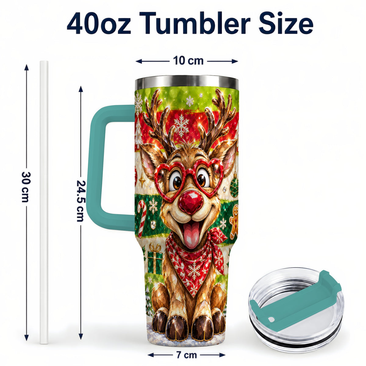 #pl[40oz|Green] Funny Reindeer 40oz Tumbler with Handle, Christmas Stainless Steel Cup