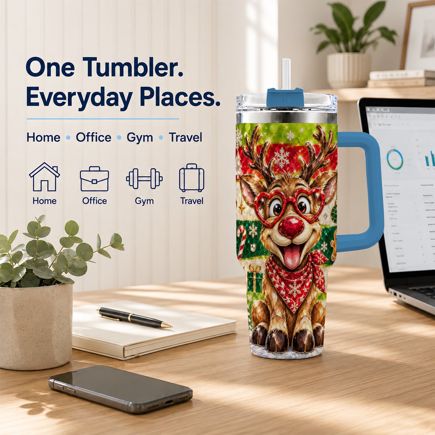 #pl[40oz|Blue] Funny Reindeer 40oz Tumbler with Handle, Christmas Stainless Steel Cup