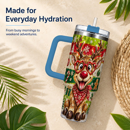 #pl[40oz|Blue] Funny Reindeer 40oz Tumbler with Handle, Christmas Stainless Steel Cup