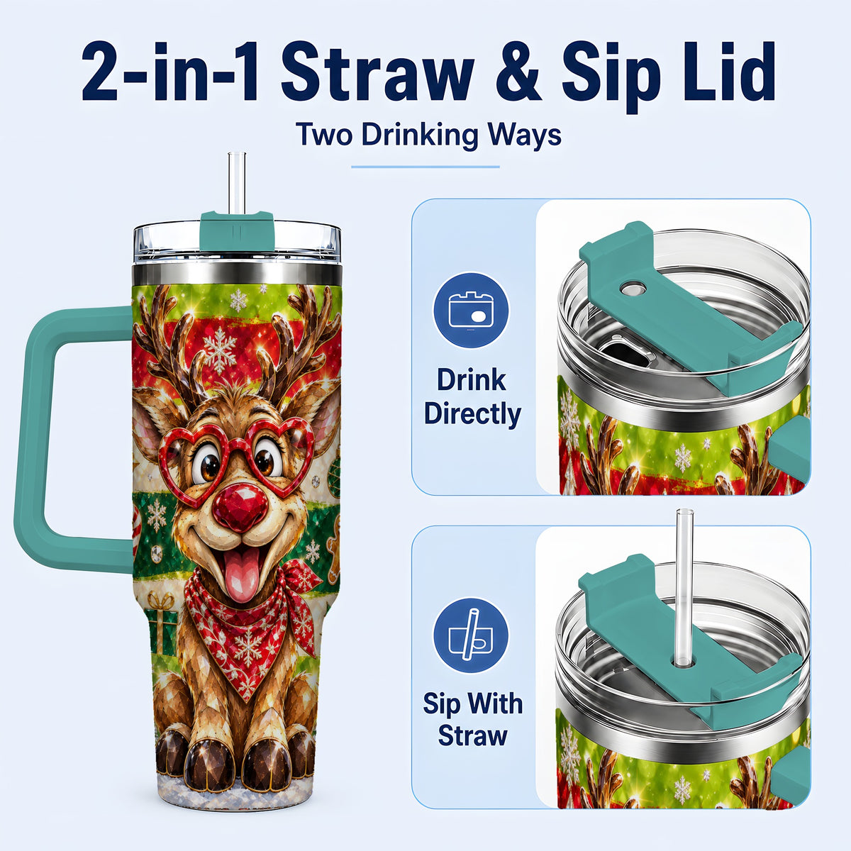 #pl[40oz|Green] Funny Reindeer 40oz Tumbler with Handle, Christmas Stainless Steel Cup