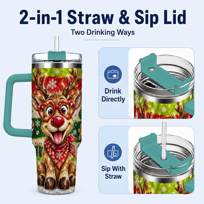 #pl[40oz|Green] Funny Reindeer 40oz Tumbler with Handle, Christmas Stainless Steel Cup