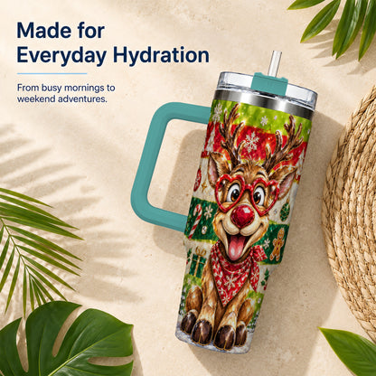 #pl[40oz|Green] Funny Reindeer 40oz Tumbler with Handle, Christmas Stainless Steel Cup