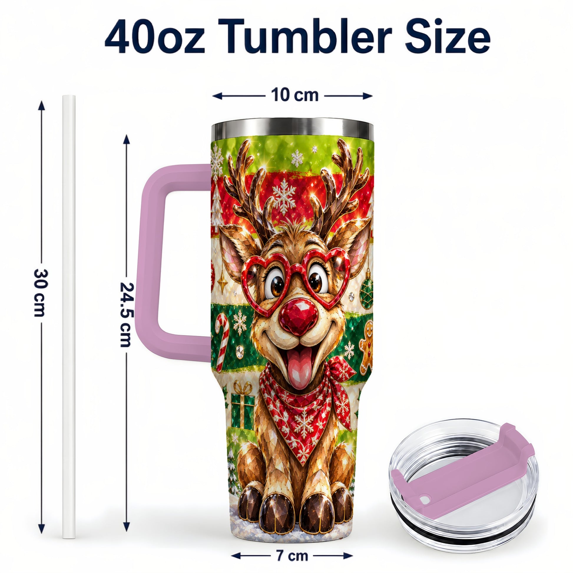 #pl[40oz|Pink] Funny Reindeer 40oz Tumbler with Handle, Christmas Stainless Steel Cup