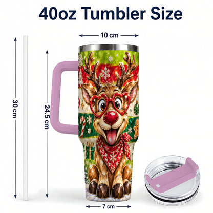 #pl[40oz|Pink] Funny Reindeer 40oz Tumbler with Handle, Christmas Stainless Steel Cup