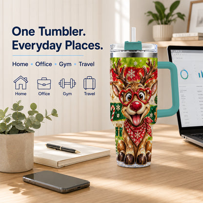 #pl[40oz|Green] Funny Reindeer 40oz Tumbler with Handle, Christmas Stainless Steel Cup