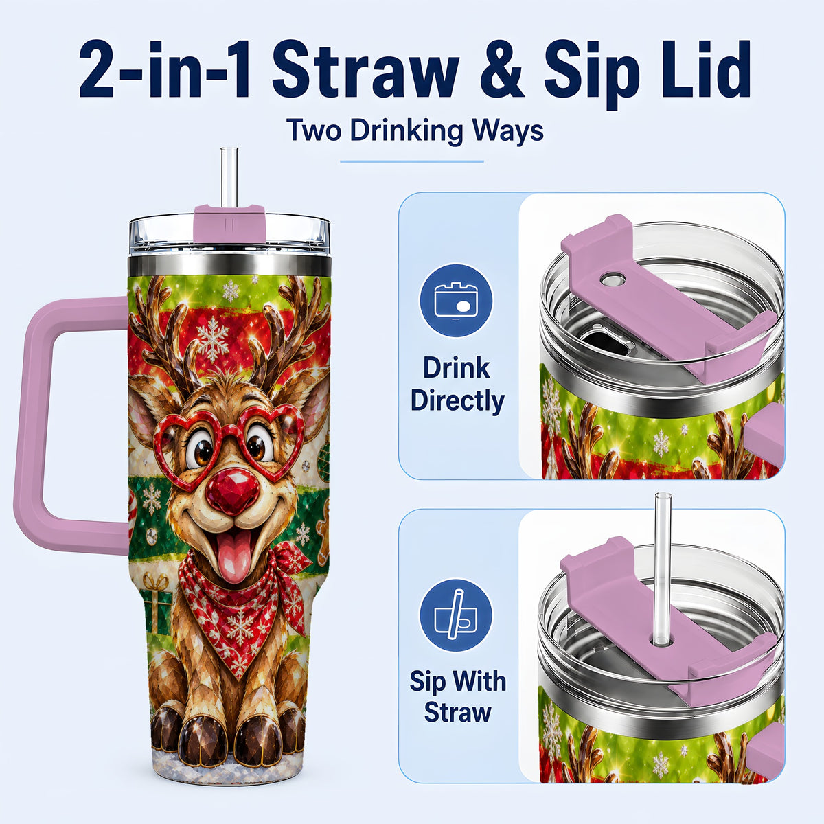 #pl[40oz|Pink] Funny Reindeer 40oz Tumbler with Handle, Christmas Stainless Steel Cup