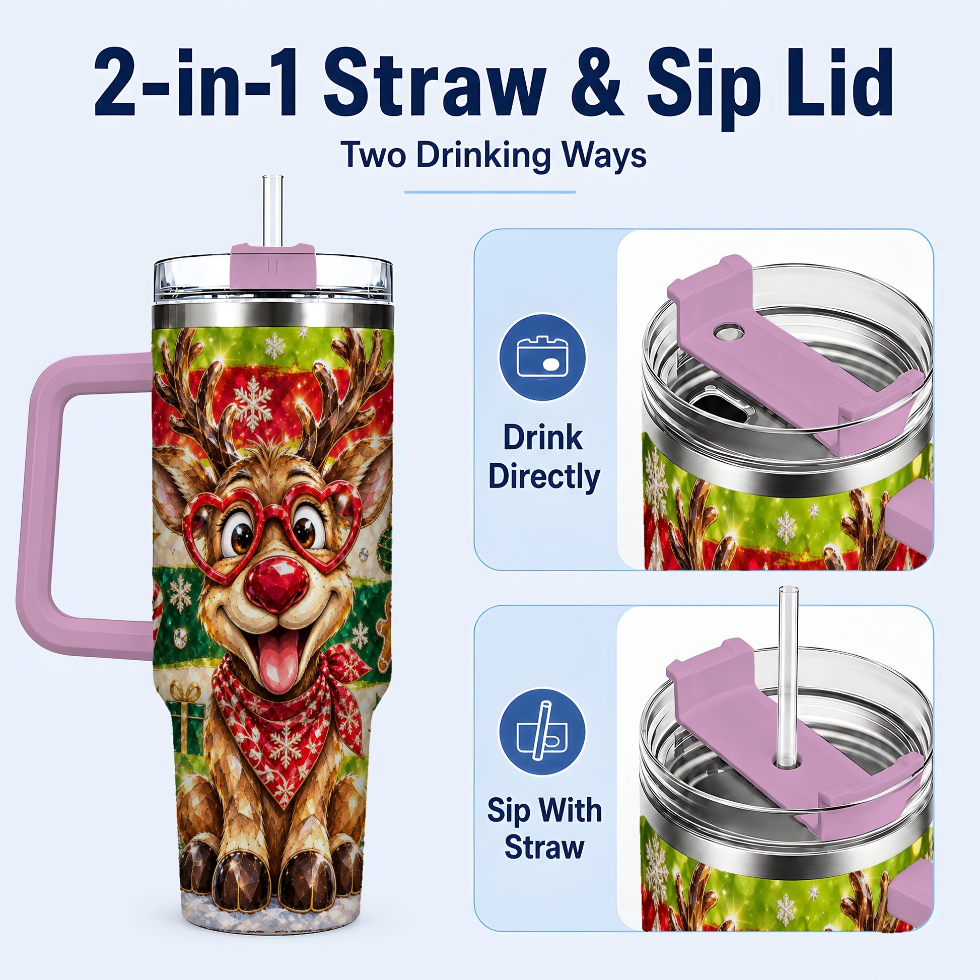 #pl[40oz|Pink] Funny Reindeer 40oz Tumbler with Handle, Christmas Stainless Steel Cup