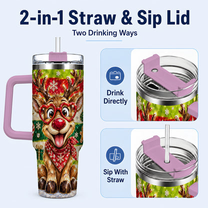 #pl[40oz|Pink] Funny Reindeer 40oz Tumbler with Handle, Christmas Stainless Steel Cup