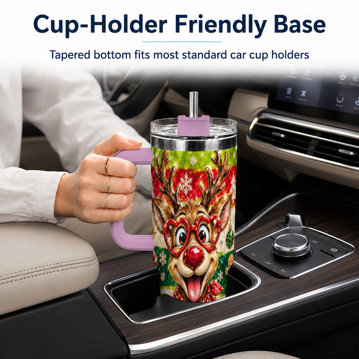 #pl[40oz|Pink] Funny Reindeer 40oz Tumbler with Handle, Christmas Stainless Steel Cup