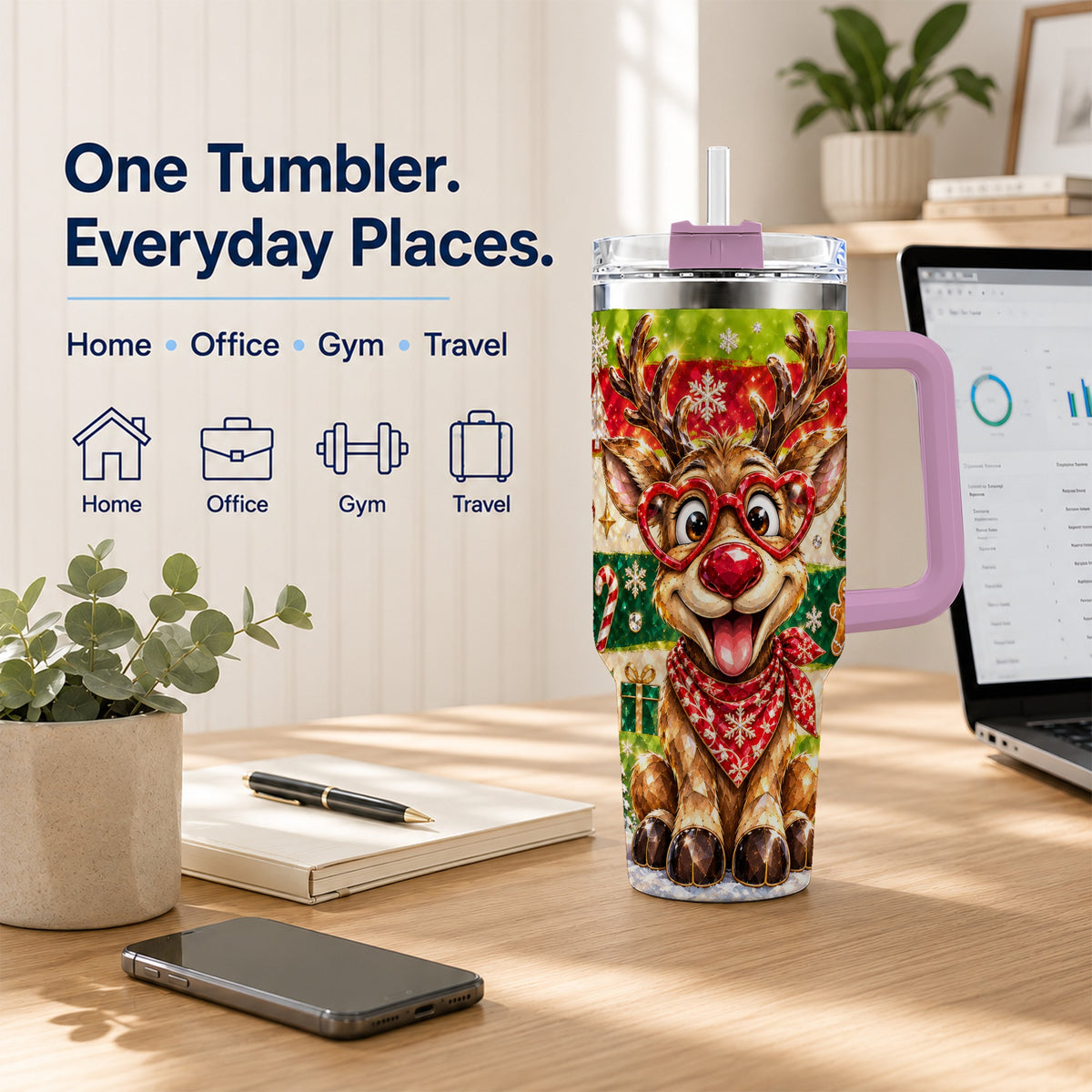 #pl[40oz|Pink] Funny Reindeer 40oz Tumbler with Handle, Christmas Stainless Steel Cup